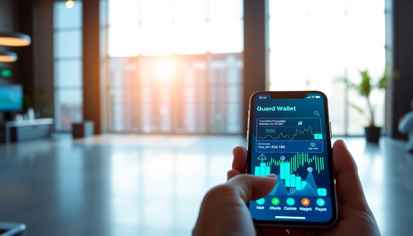 Using the guarda wallet app on a smartphone with vibrant crypto graphics on display.