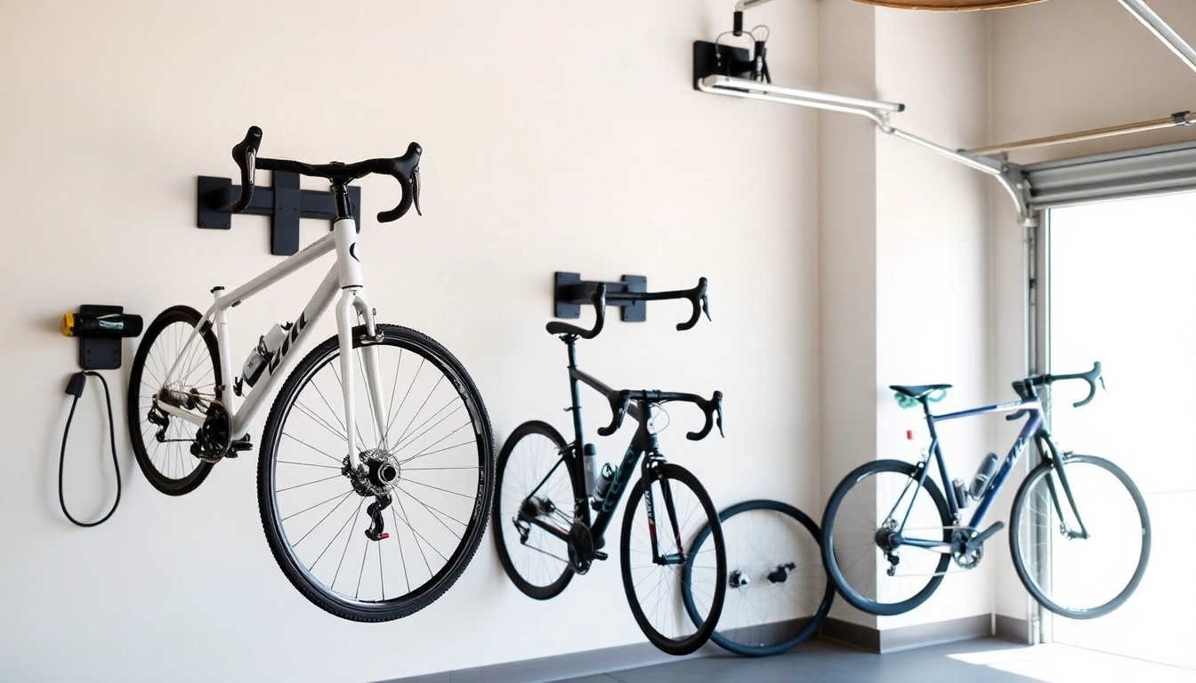 Organized wall-mounted bike storage showcasing multiple bicycles in a sleek garage setting.