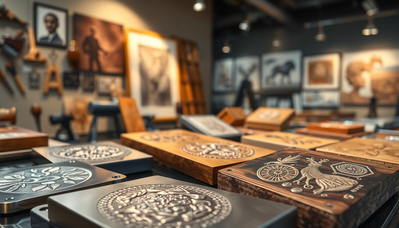 Showcase of unique engravings on metal, wood, and glass in a well-lit gallery.