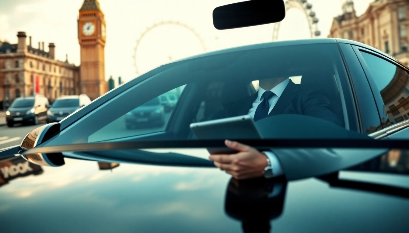 Luxury london chauffeur driving a black sedan through iconic London landmarks.