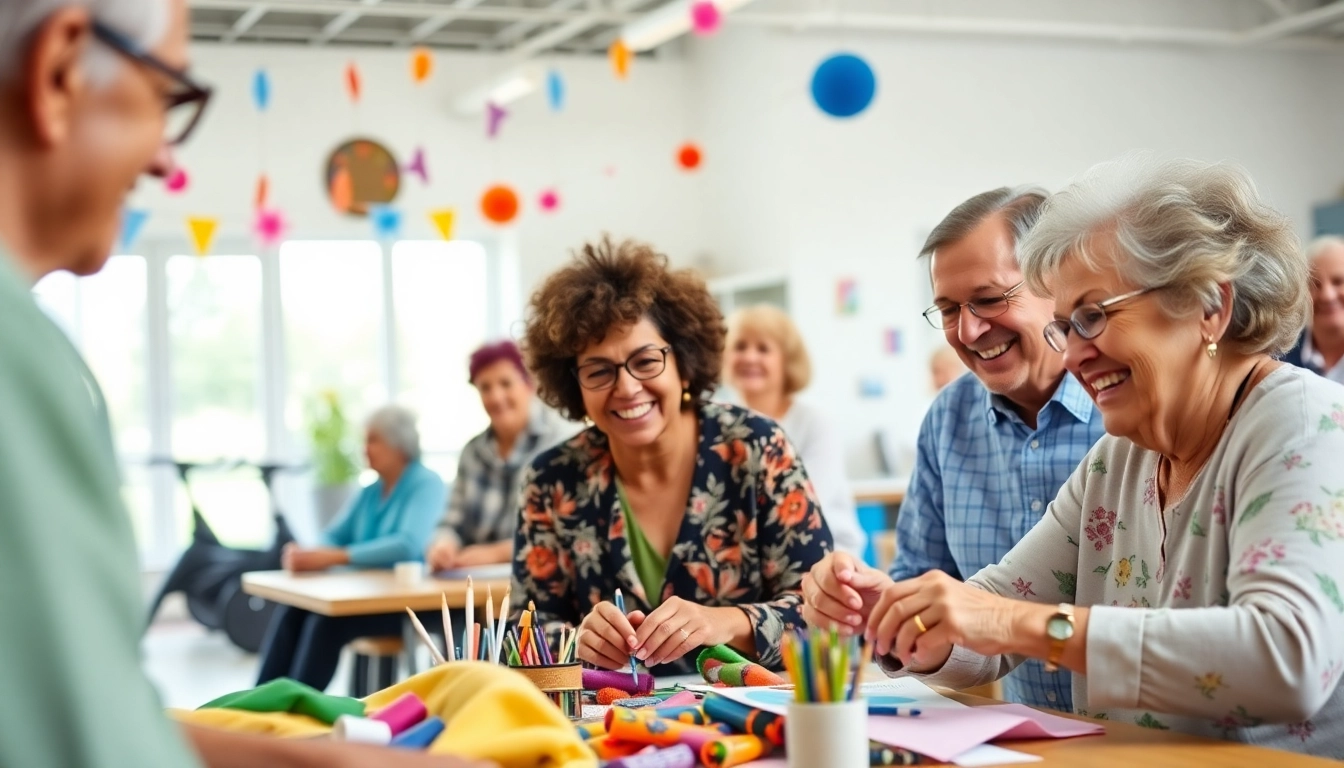 Engaging activities at the Howard Lieburn Senior Center with happy seniors participating in arts and crafts.