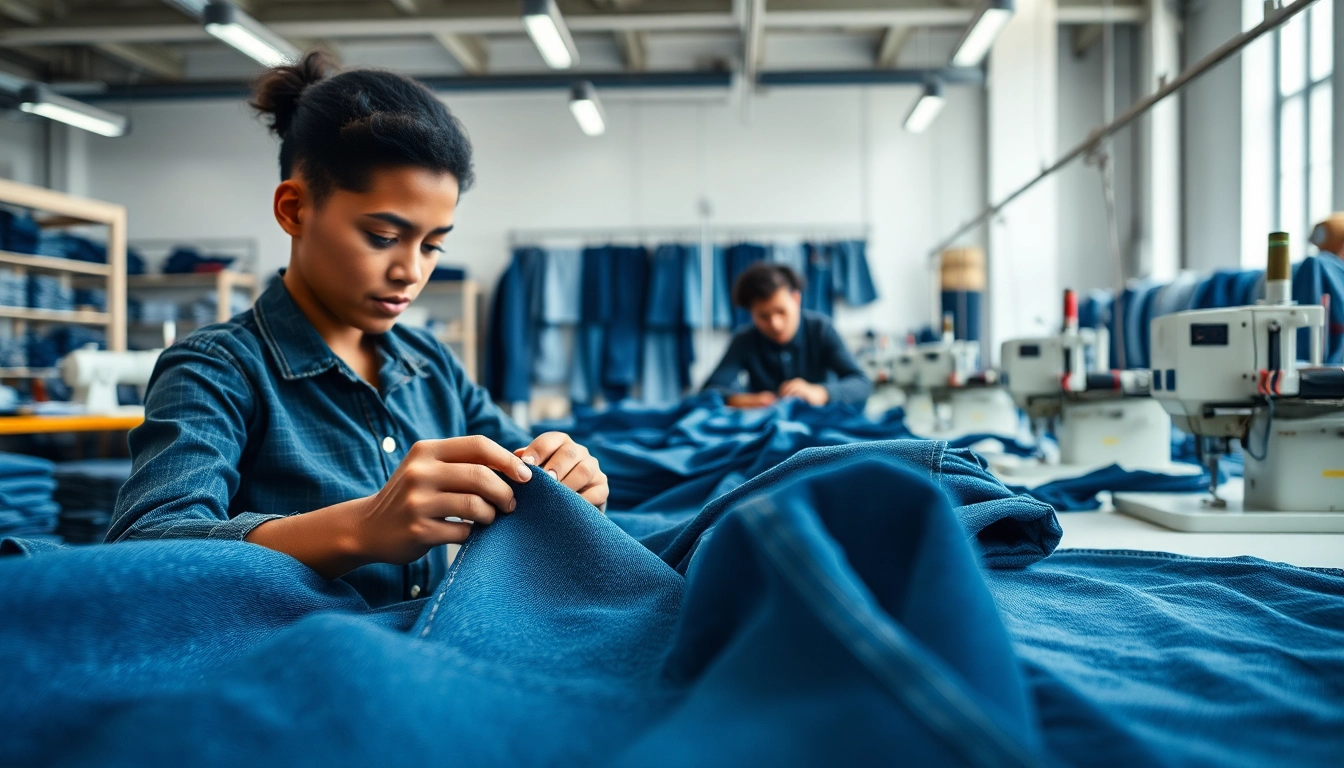 Showcase of wholesale jeans manufacturers with skilled workers crafting denim in a modern factory setting.