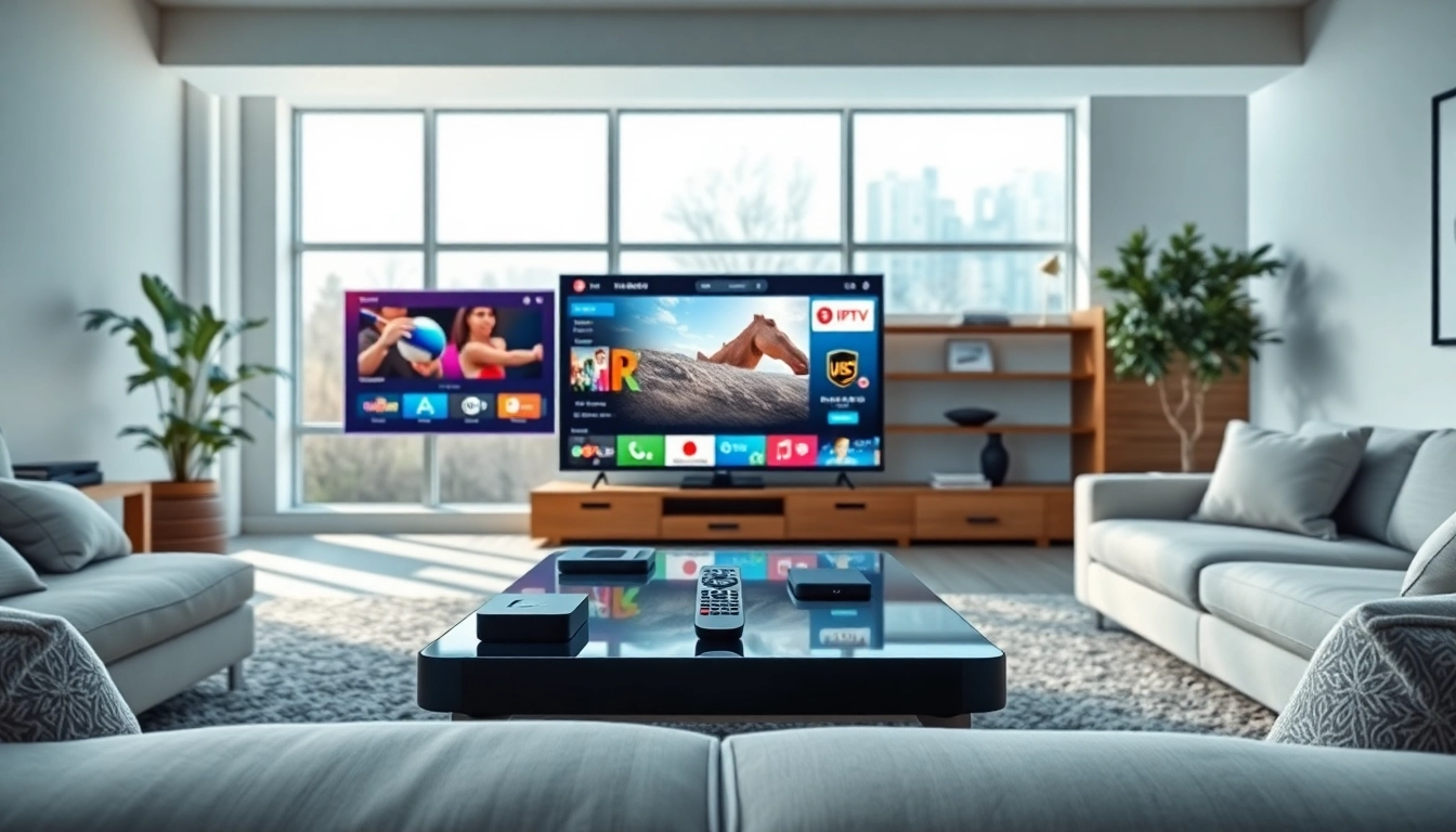 Profitez d'un service IPTV avec une interface moderne montrant plusieurs chaînes sur divers appareils.
