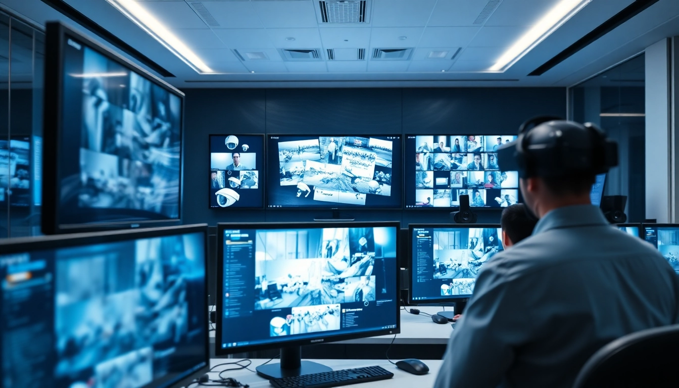 CCTV & Remote Monitoring system in a modern office with surveillance equipment and monitors