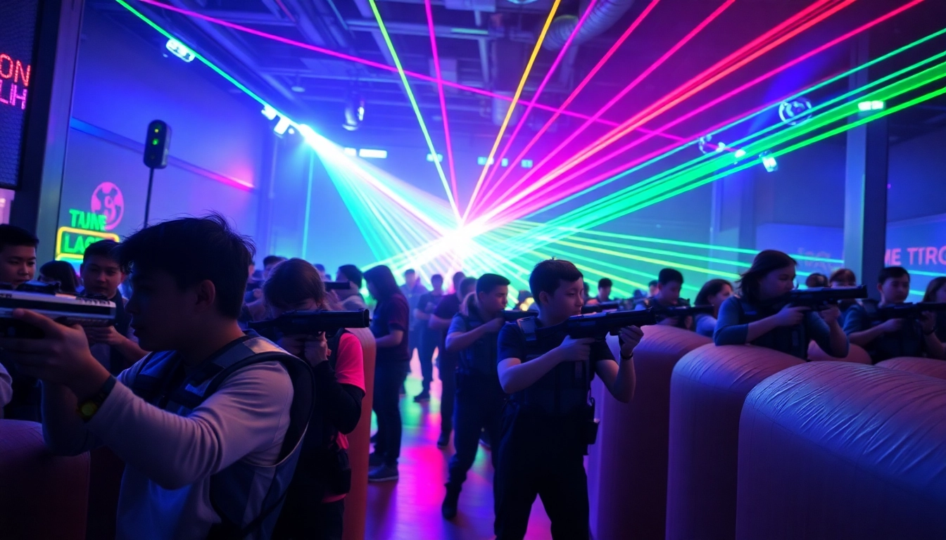 Players enjoying laser tag in a vibrant arena filled with colorful lights and energetic atmosphere.