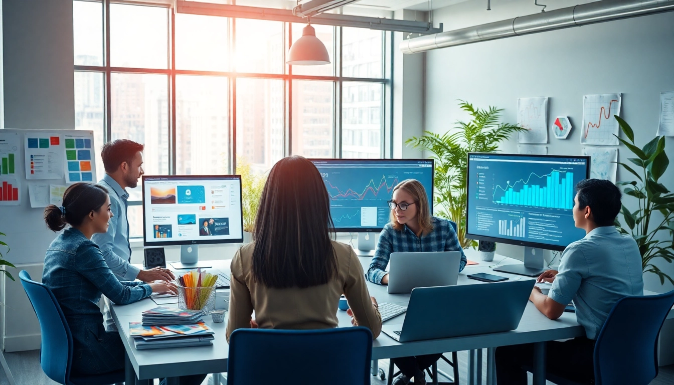 Showcasing a team delivering web design and seo services in a bright, modern office.