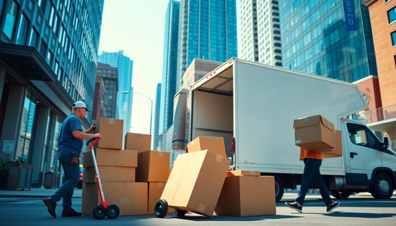 Movers in action showcasing moving companies Toronto services in a vibrant urban setting