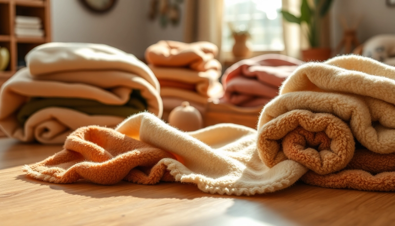 Fleece stoffen op een houten tafel, met warme kleuren en texturen die uitnodigen tot aanraken.