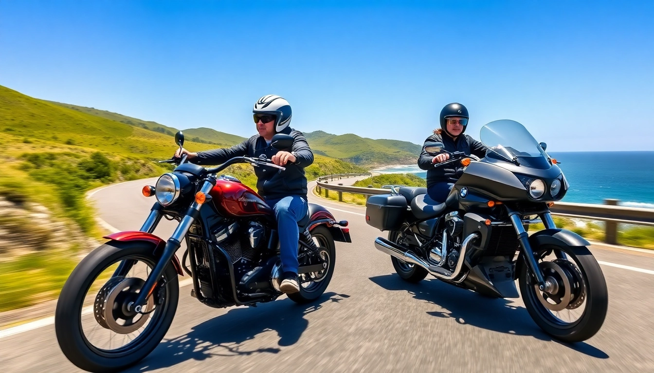Experience motorcycle hire near me with a vibrant scene of riders on coastal roads.