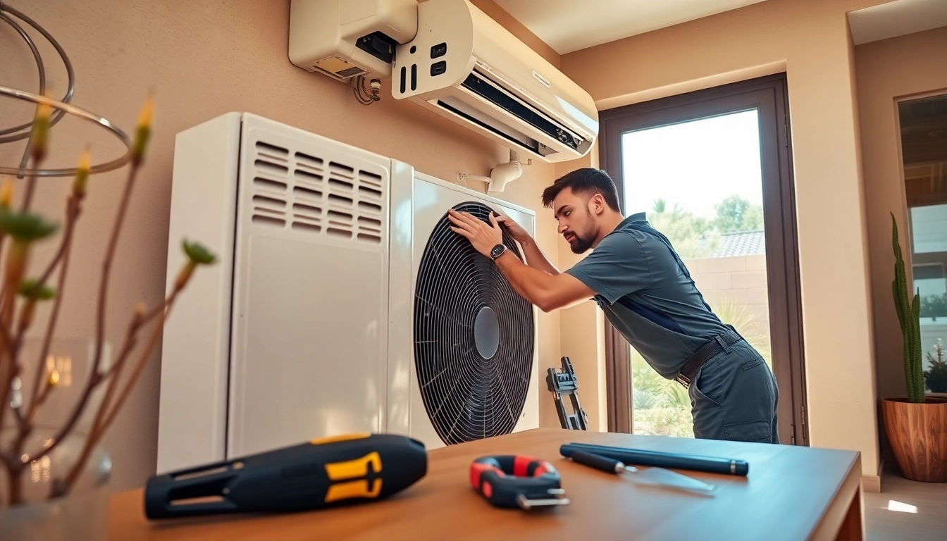 Fixing Scottsdale AC unit by a professional technician in a beautiful home setting.