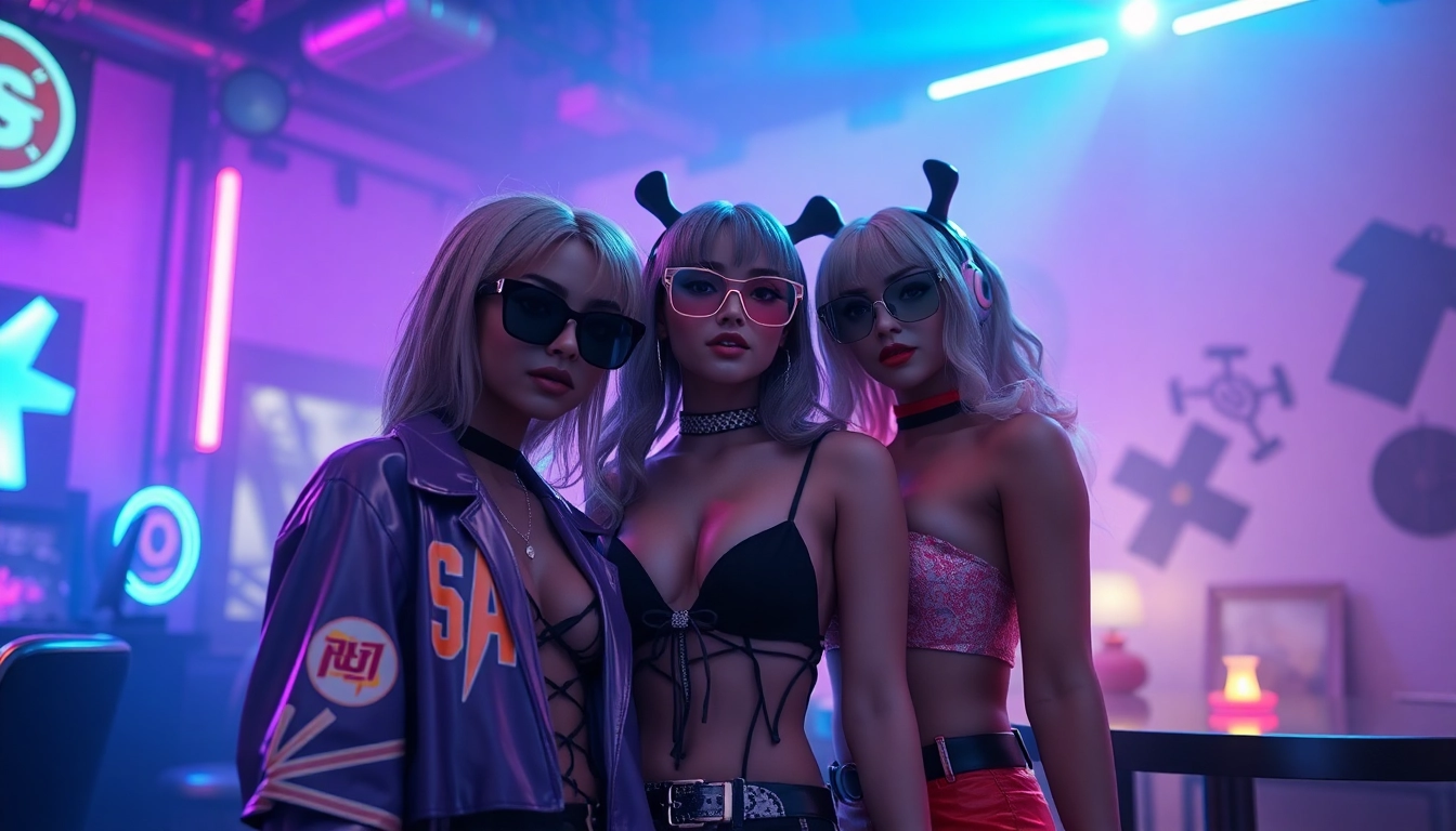 Engaging NSFW AI characters at a vibrant virtual party atmosphere with unique outfits.