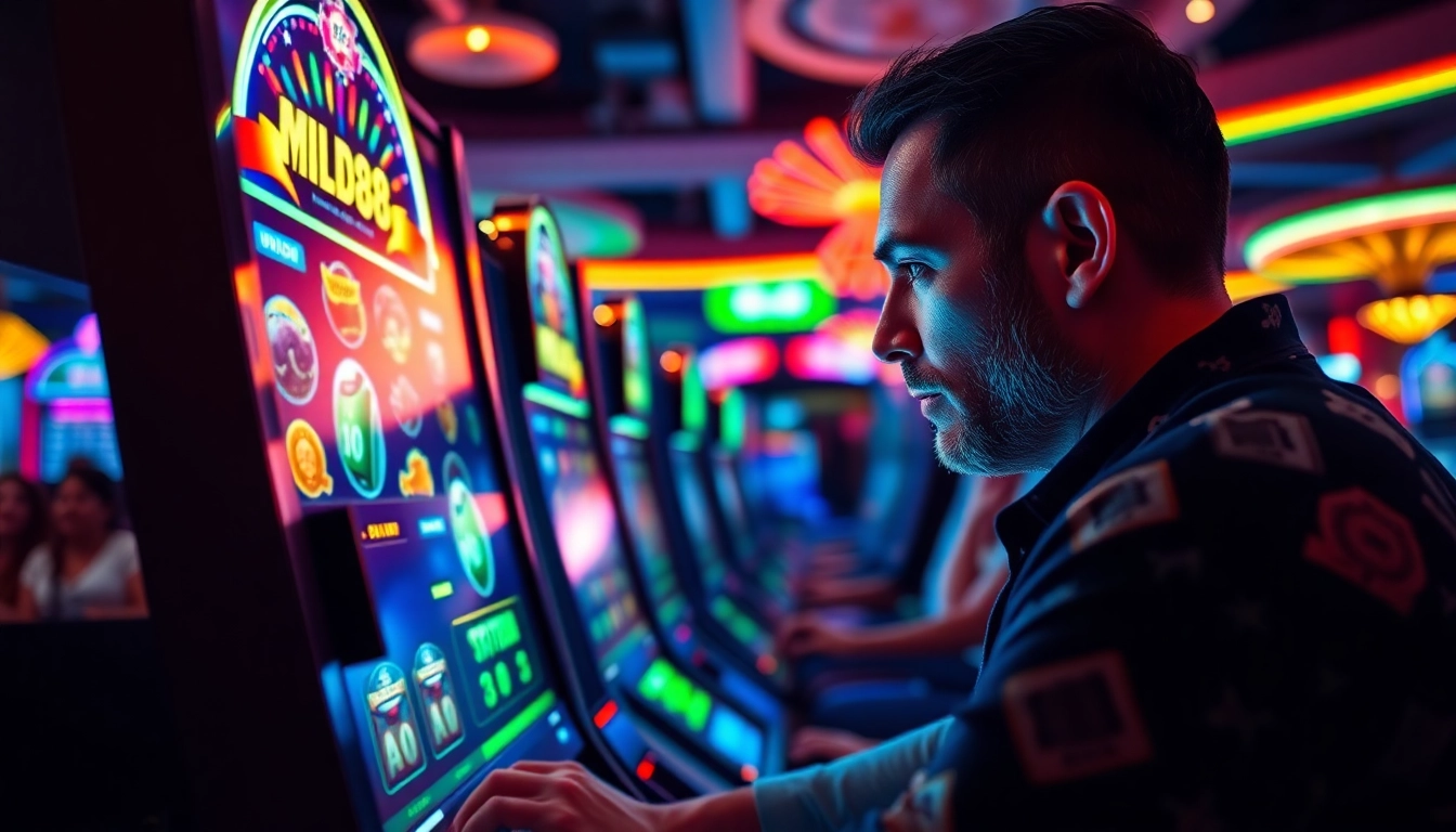 Main player enjoying the experience of playing mild88 slot, immersed in a vibrant casino atmosphere.