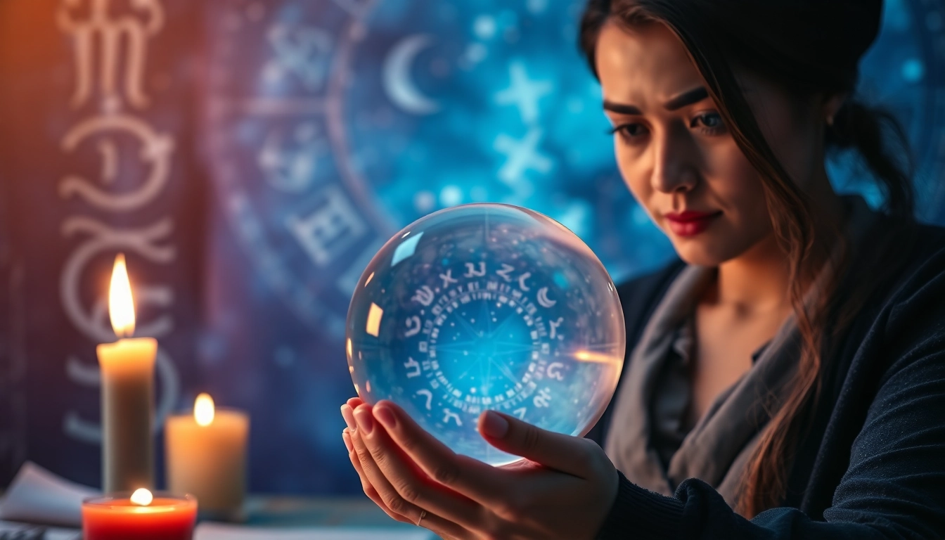 Astrologer interpreting the Horoskop with a crystal ball and zodiac symbols.