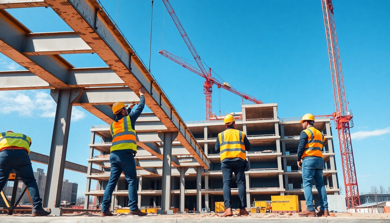 Structural steel installation team assembling beams on a construction site with cranes in action.