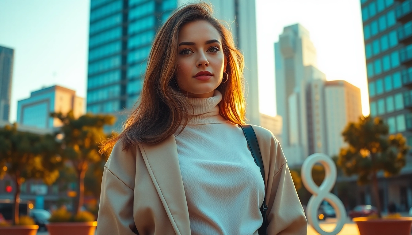 Fashionable woman styled by a modern style assistant in a vibrant city backdrop.