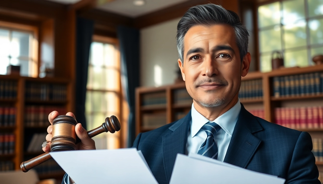 Professional divorce lawyer holding legal documents in an elegant office setting.