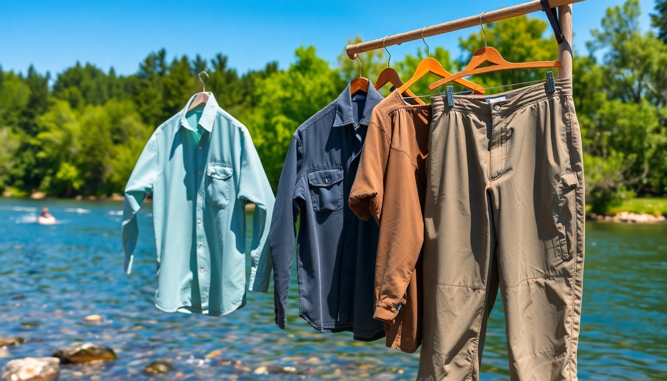 Showcasing vibrant Fly fishing apparel in a serene riverside setting with functional designs.
