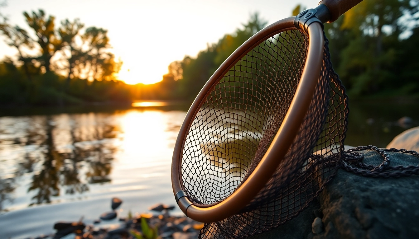 Enhance your fishing experience with a beautifully crafted fly fishing net featured against a peaceful lakeside backdrop.