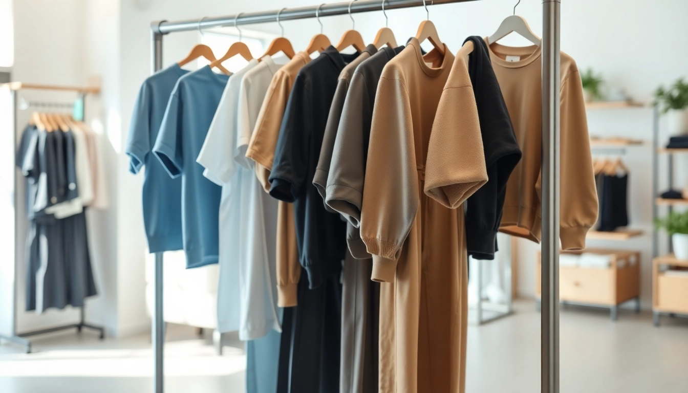 Curation of stylish apparel showcasing diverse clothing options in a boutique setting.